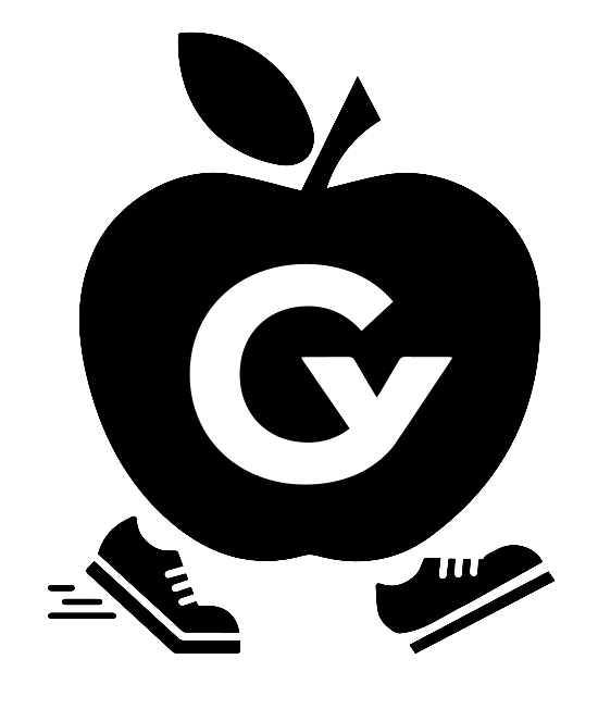 Ein stilisiertes Bild eines laufenden Apfels mit dem Buchstaben "G" im Inneren und Laufschuhen an den "Beinen".